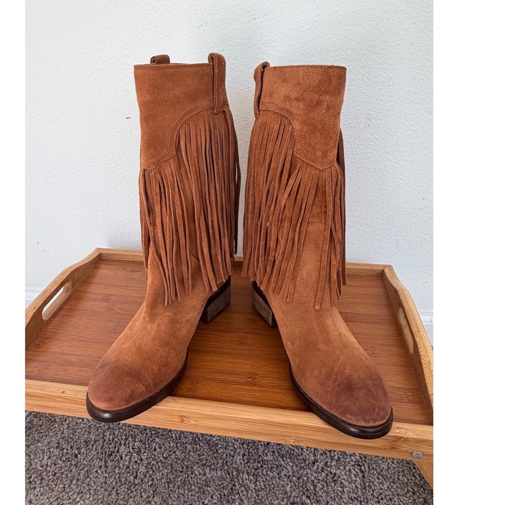 Lucky Brand Brown Suede Fringe Western Boots Womens 8M Cognac Boho Pull On - Picture 11 of 16